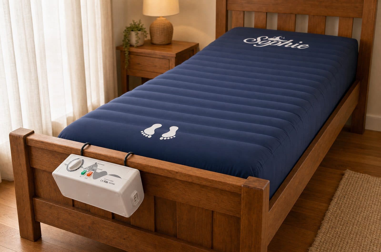 Sophie alternating air mattress and pump made up on a bed in a bright bedroom